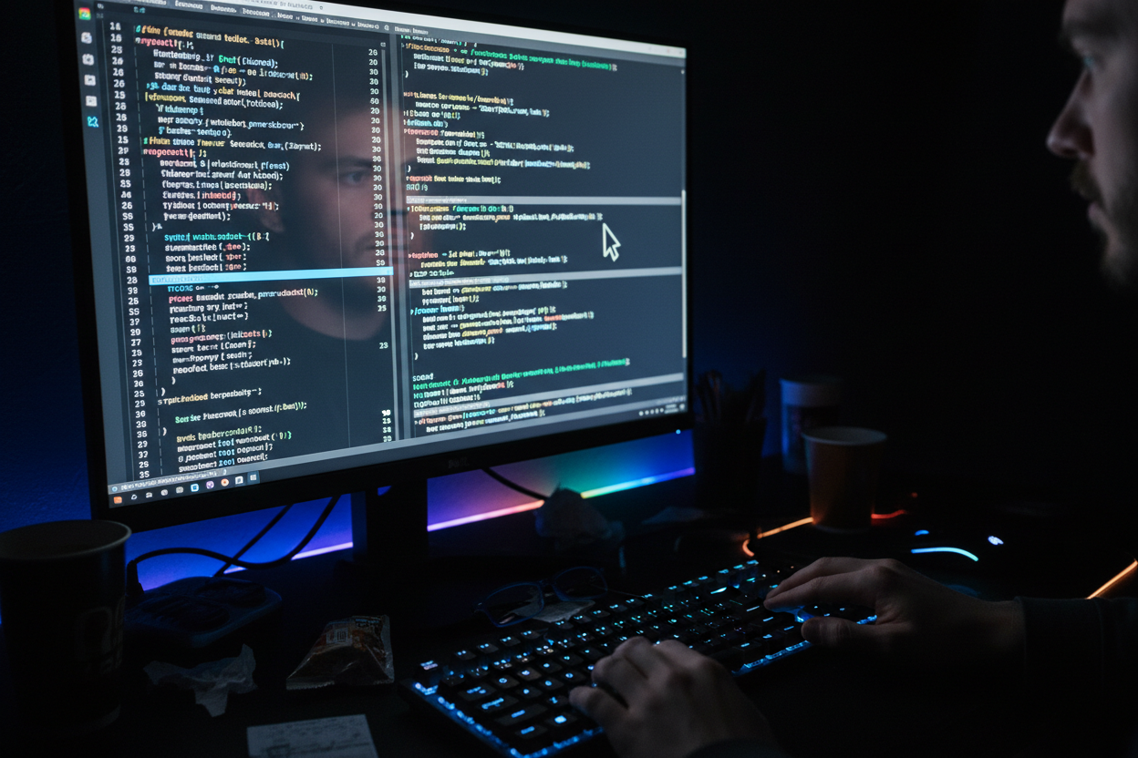 Person at standing desk working on laptop